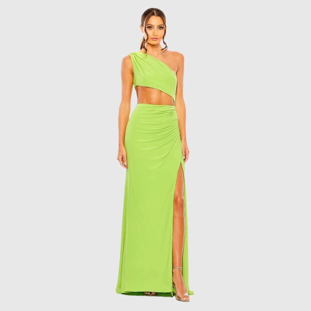 NWT $398 MAC DUGGAL CUT OUT ONE SHOULDER RUCHED BACK GOWN DRESS NEON 55975
